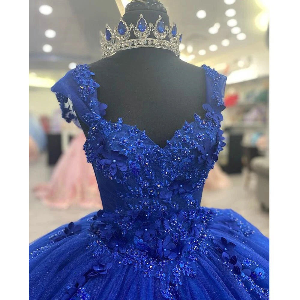 Princess XV Quinceanera Dresses Royal Blue with 3D Floral Beaded