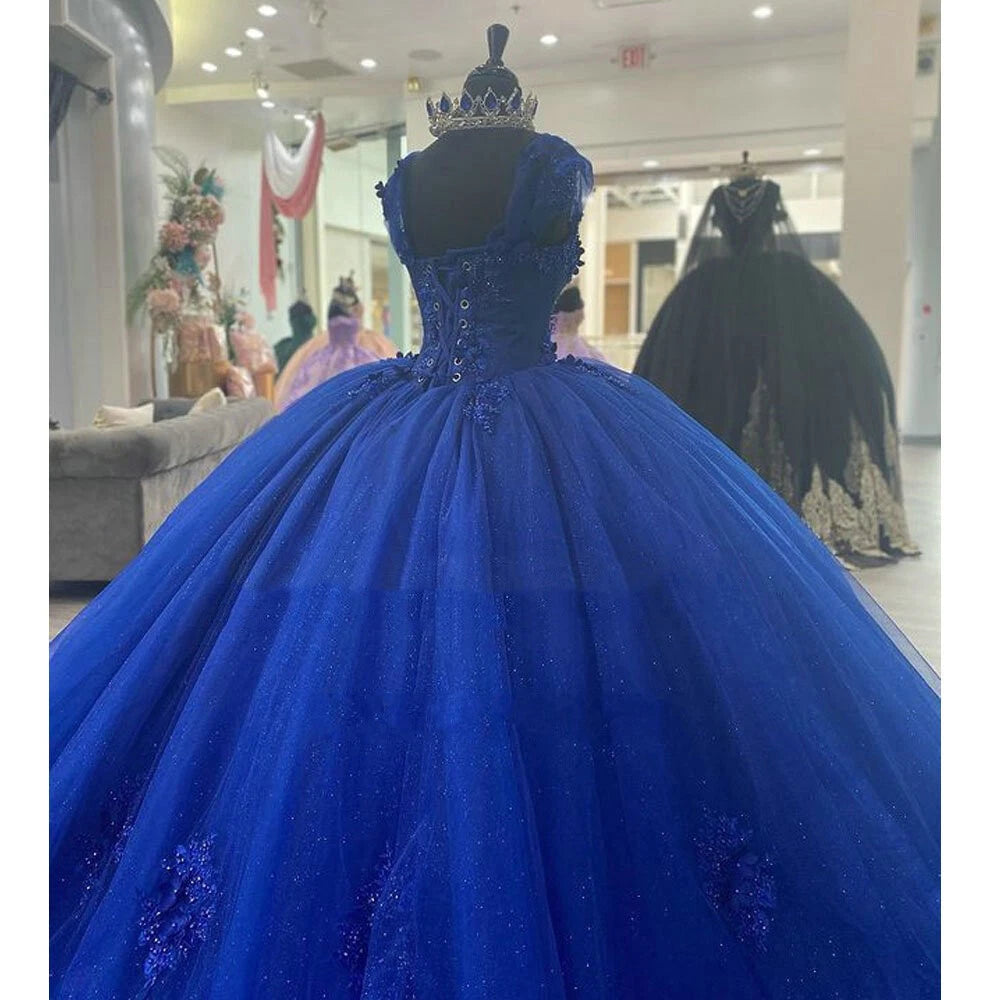 Princess XV Quinceanera Dresses Royal Blue with 3D Floral Beaded