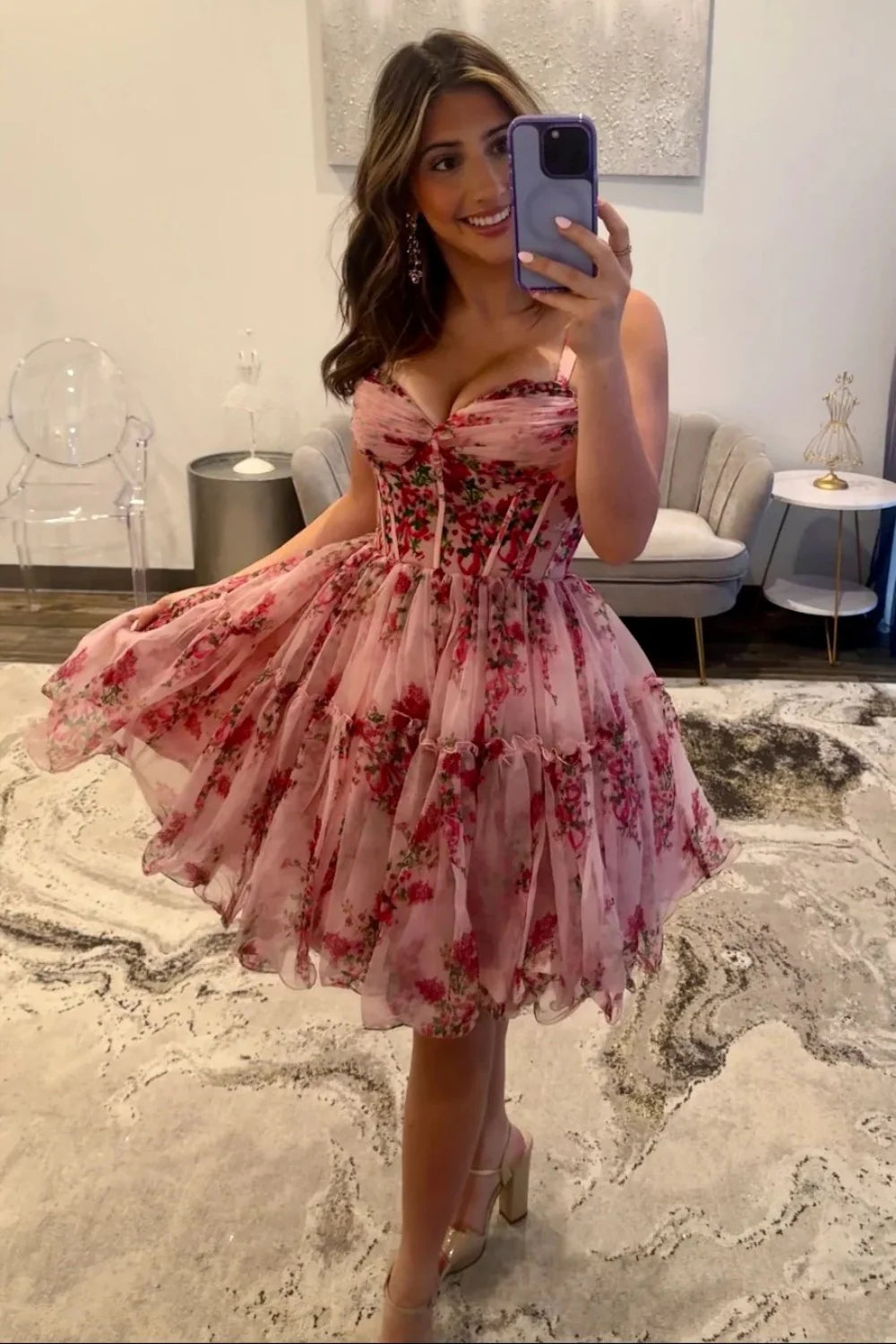 Print  A-Line  Pink Floral Homecoming Dress Short Straps Mychicdress