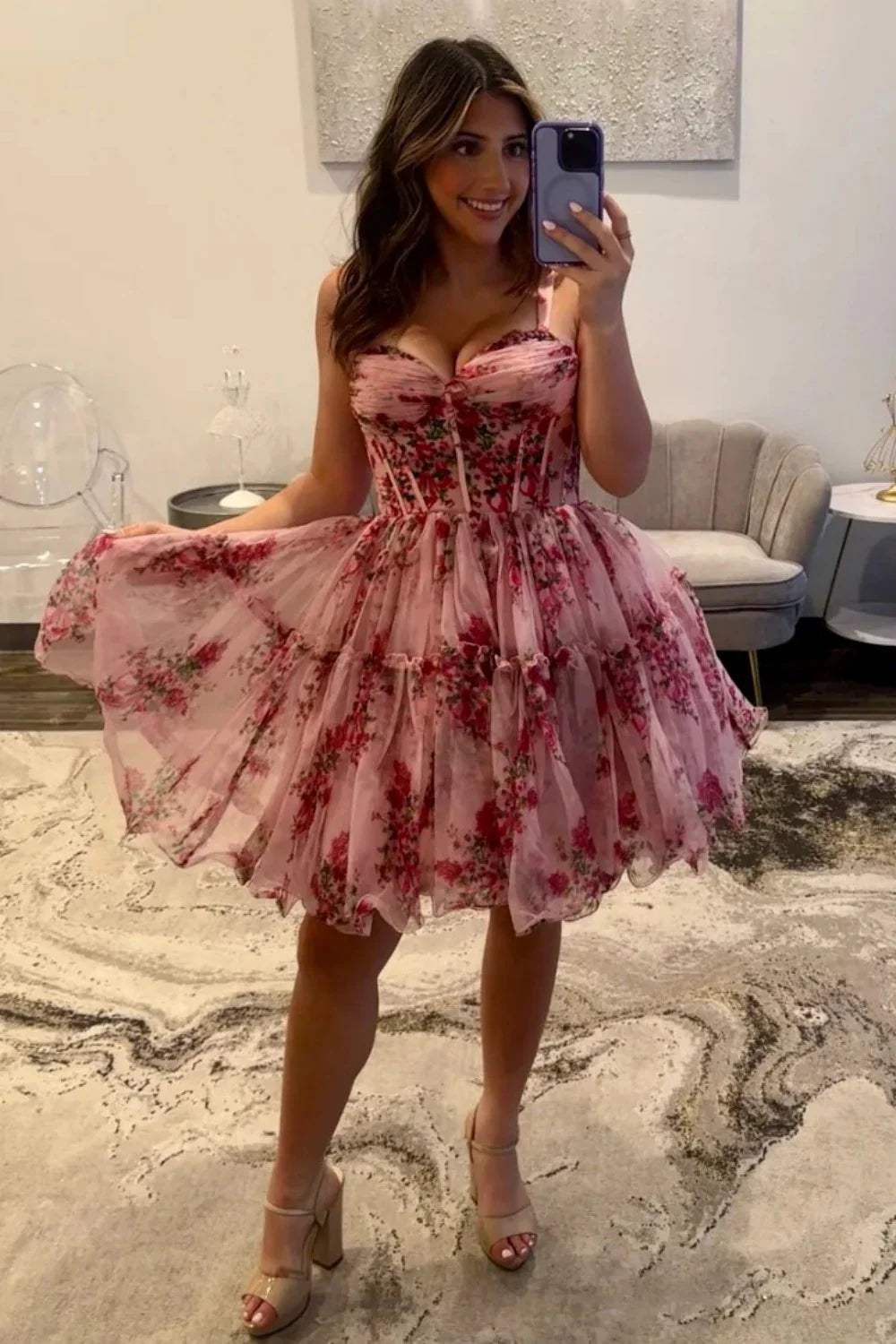Pink Floral Homecoming Dress Short Straps Mychicdress