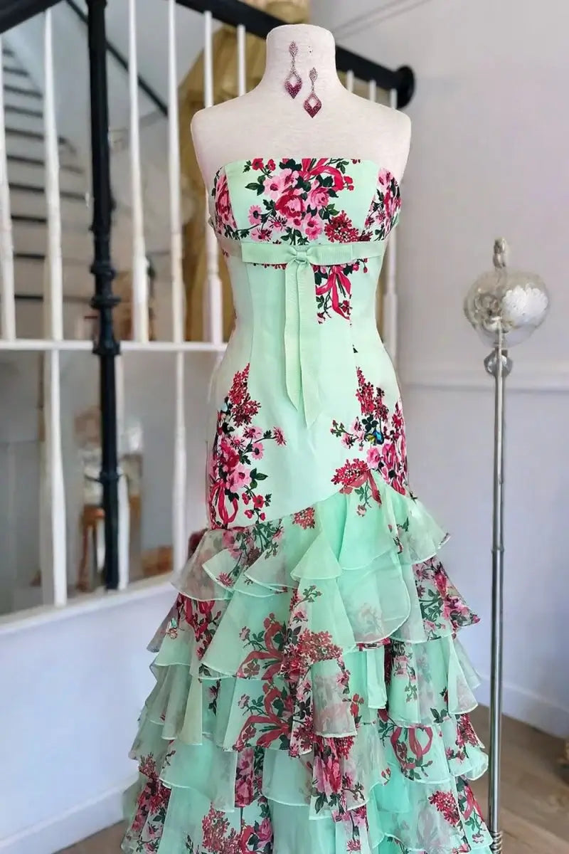 Print Strapless Green Floral Prom Dress Ruffled Skirt Mermaid Mychicdress