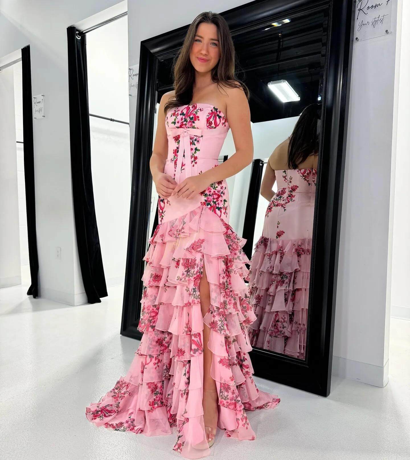 Print Strapless Pink Floral Prom Dress Ruffled Skirt Mermaid