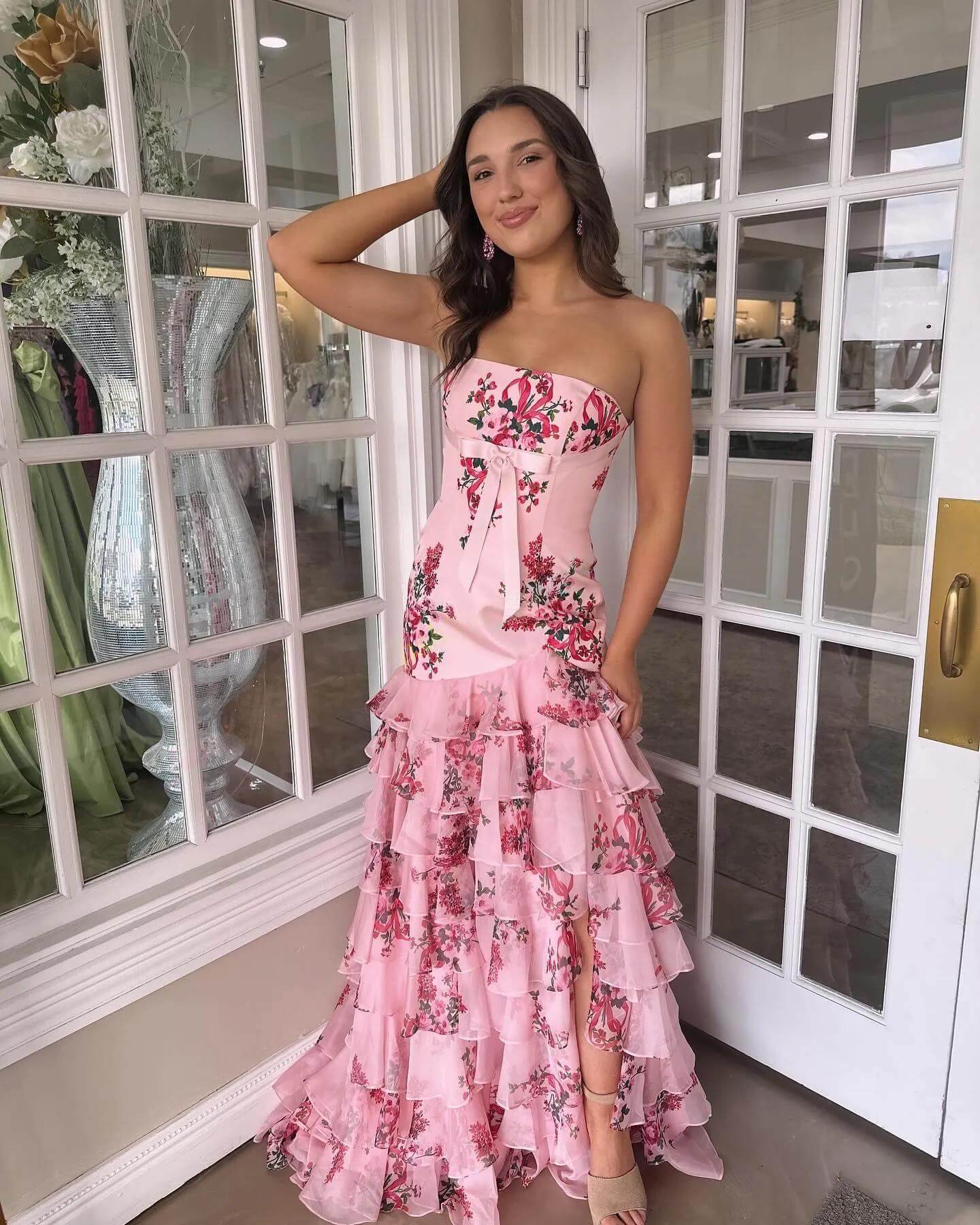 Print Strapless Pink Floral Prom Dress Ruffled Skirt Mermaid