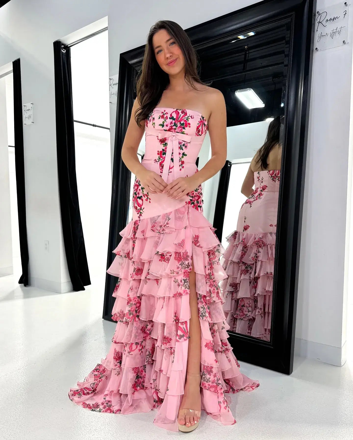 Print Strapless Pink Floral Prom Dress Ruffled Skirt Mermaid