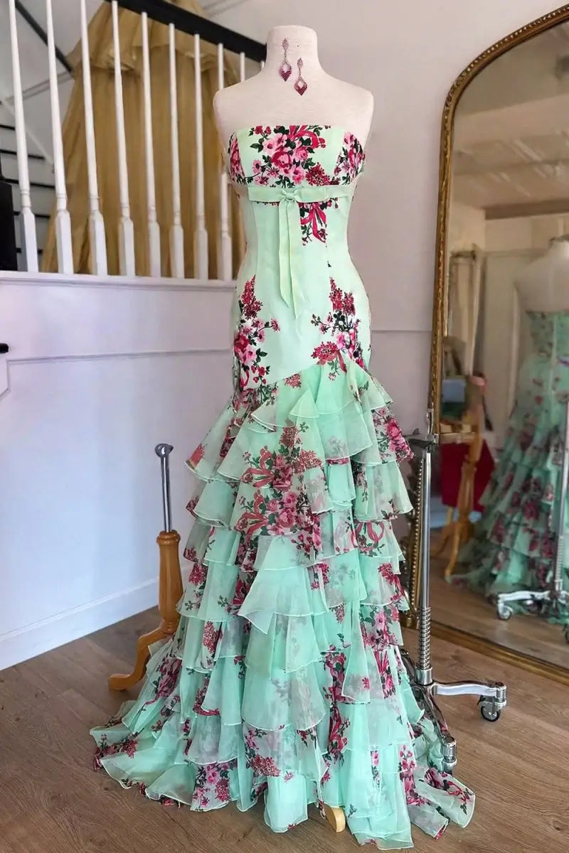Print Strapless Green Floral Prom Dress Ruffled Skirt Mermaid Mychicdress