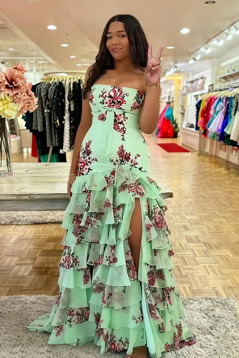 Print Strapless Green Floral Prom Dress Ruffled Skirt Mermaid Mychicdress