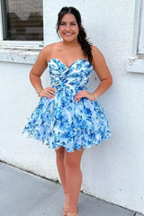 Printed blue Floral Homecoming Dress Short  A-Line Strapless Mychicdress