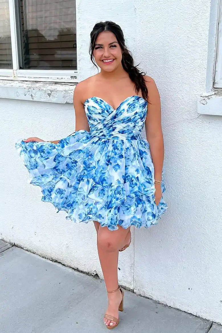 Printed Blue Floral Homecoming Dress Short  A-Line Strapless Mychicdress