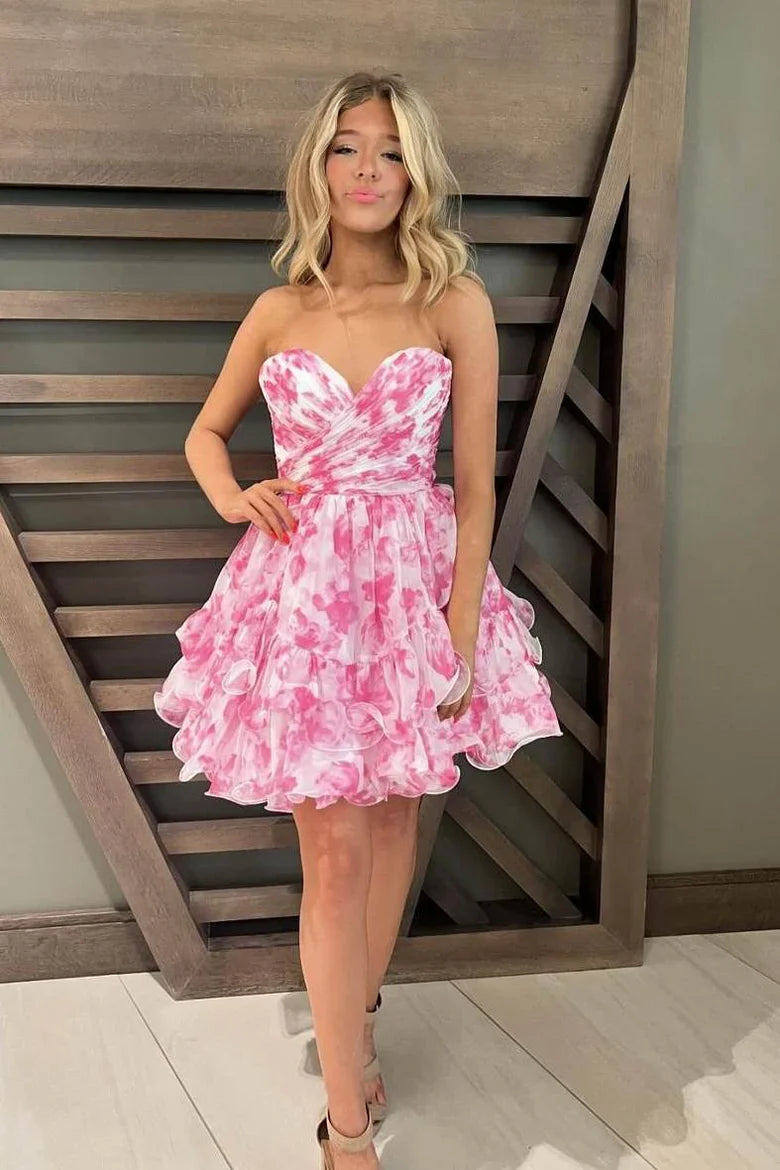 Printed Pink Floral Homecoming Dress Short  A-Line Strapless Mychicdress