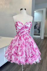 Printed Pink Floral Homecoming Dress Short  A-Line Strapless Mychicdress