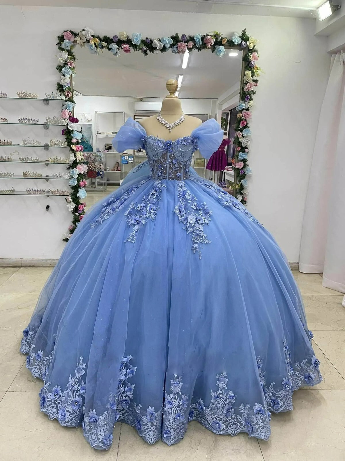 Puff Blue Sweet 15 16 Quinceanera Dresses Off Shoulder 3D Flowers