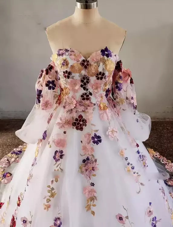 Puff Sleeves Floral Wedding Dress for Women Tulle 3D Flowers