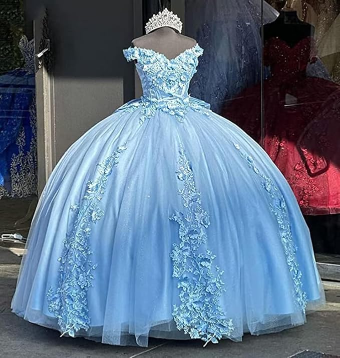 Puffy blue Quinceanera Dresses Vestido de 15 años 3D Floral Mychicdress