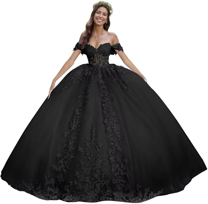 Puffy Lace black Quinceanera Dresses Off Shoulder for Sweet 15 16 Dress Mychicdress