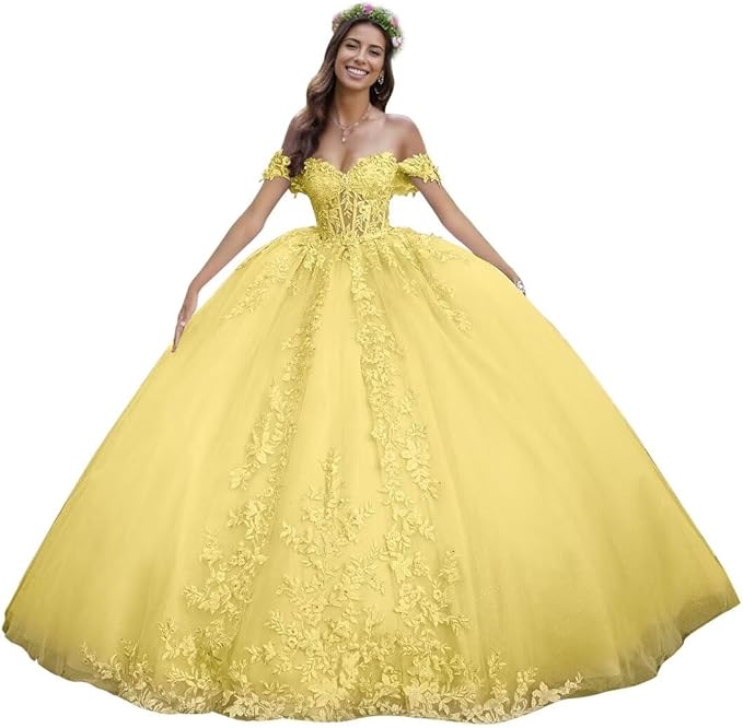 Puffy Lace yellow Quinceanera Dresses Off Shoulder for Sweet 15 16 Dress Mychicdress