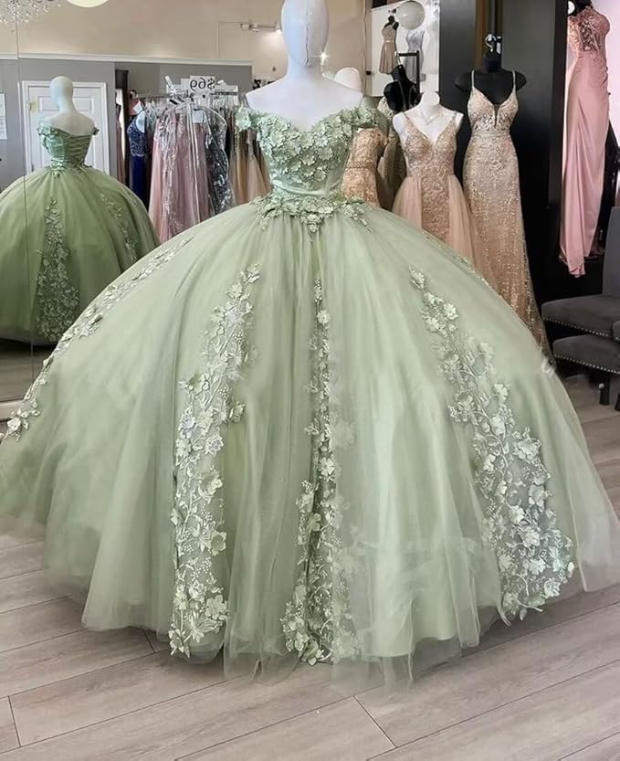 Puffy Sage Green Quinceanera Dresses Vestido de 15 años 3D Floral Mychicdress