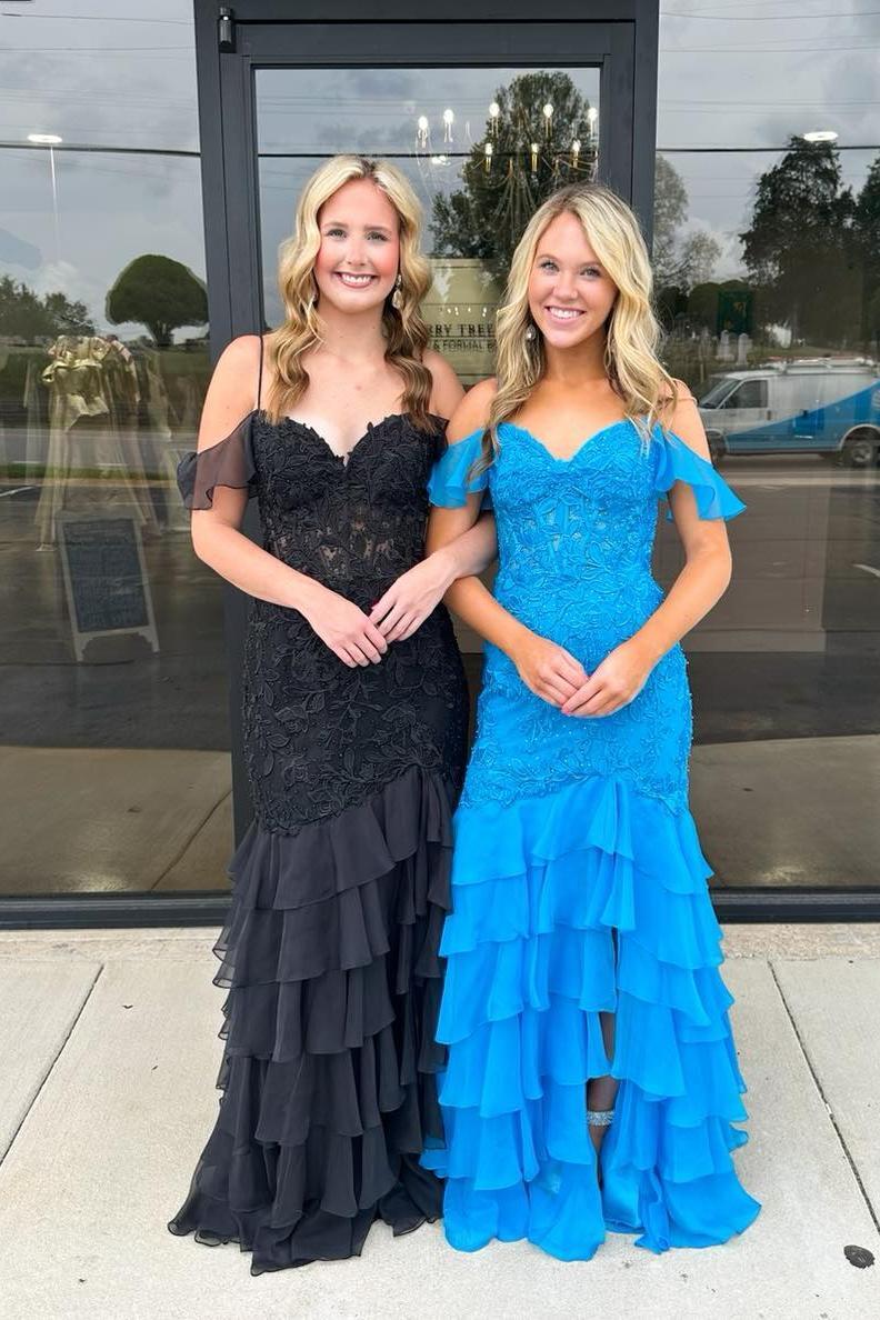 2025 Vestidos de fiesta amarillos con volantes, apliques de encaje, vestido largo con hombros descubiertos