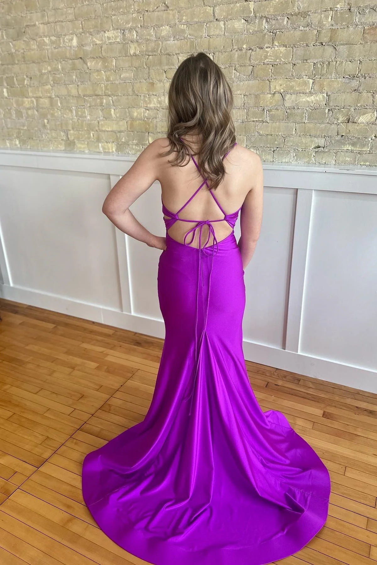 Purple Evening Gown Mermaid Maxi Dress Ruched Spaghetti Strap Mychicdress