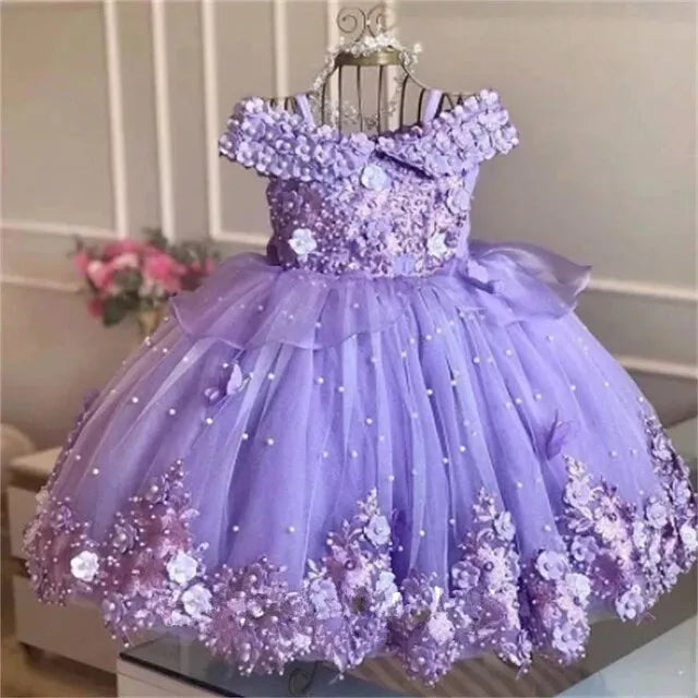 Mychicdress purple Pageant Girl Dresses Pearls Lace Flower Girl Dress Sleeveless