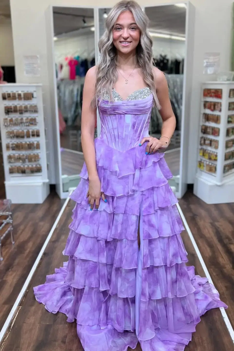 Purple Ruffle Prom Dress Corset Beaded Sweetheart with Slit