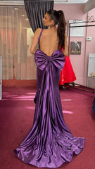 Purple Satin Prom Dress Mermaid Backless with Bow Tail