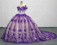 Vestido de quinceañera con flores 3D de princesa morada, vestidos de baile con hombros descubiertos