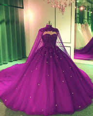 2024 Cristales Púrpura Vestido de fiesta Vestidos de fiesta con capa Dulce 16 Vestido de quinceañera