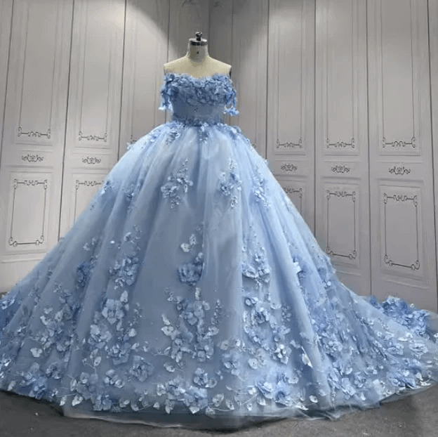 Blue Quinceanera Dresses 3D Flowers Beaded Sweet 16 Birghtday Party Ball Gowns