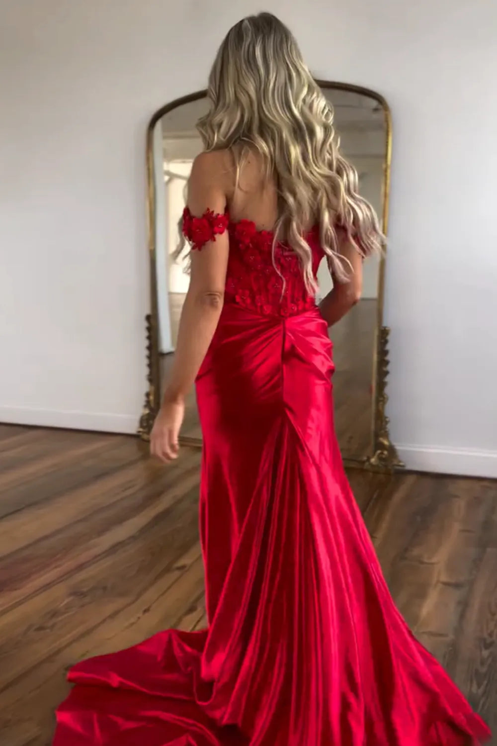 Red Corset Prom Dress Satin Off the Shoulder Mermaid Mychicdress