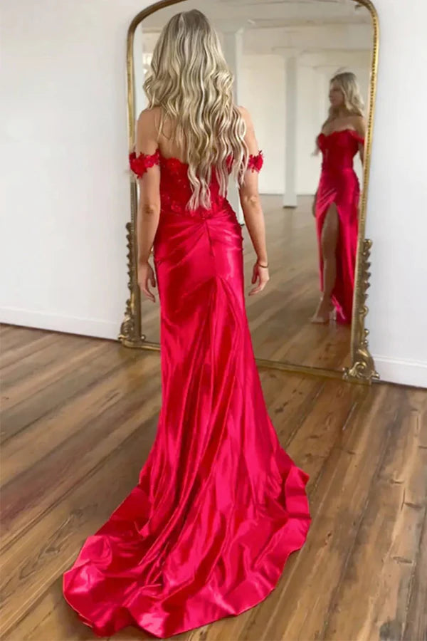 Red Corset Prom Dress Satin Off the Shoulder Mermaid Mychicdress