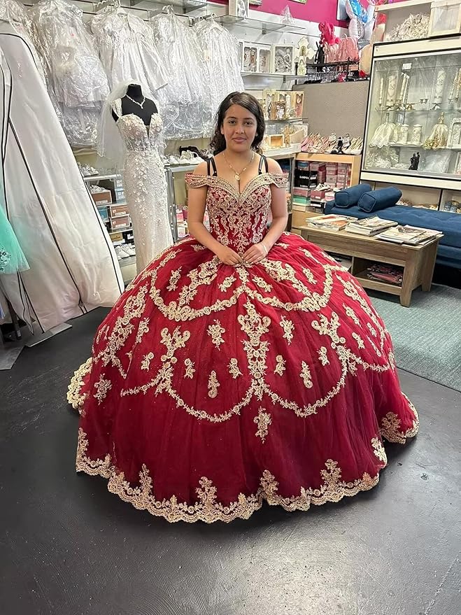 Red Gold Sweet 16 Dress Tulle Lace Quince Dress Vestidos de 15 Años Off Shoulder Mychicdress