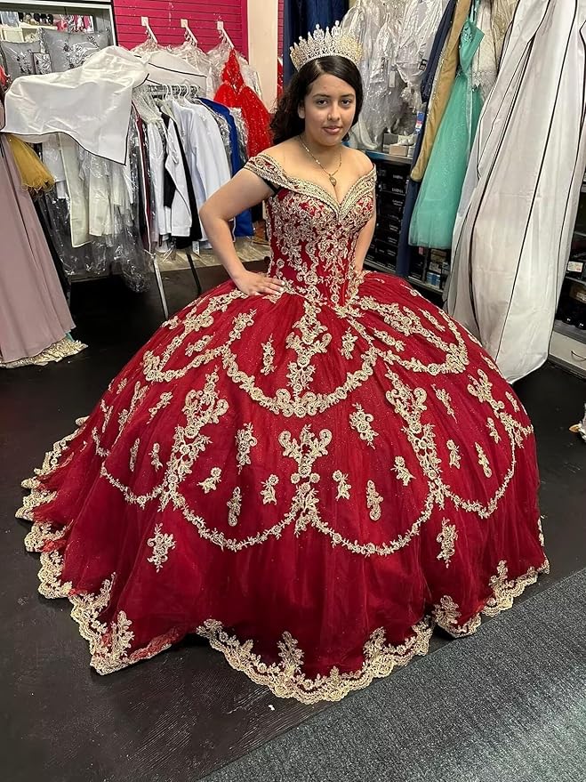 Red Gold Sweet 16 Dress Tulle Lace Quince Dress Vestidos de 15 Años Off Shoulder Mychicdress