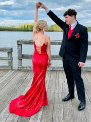 Red Lace Sequins Prom Dress Long Open Back V Neck Formal Dress