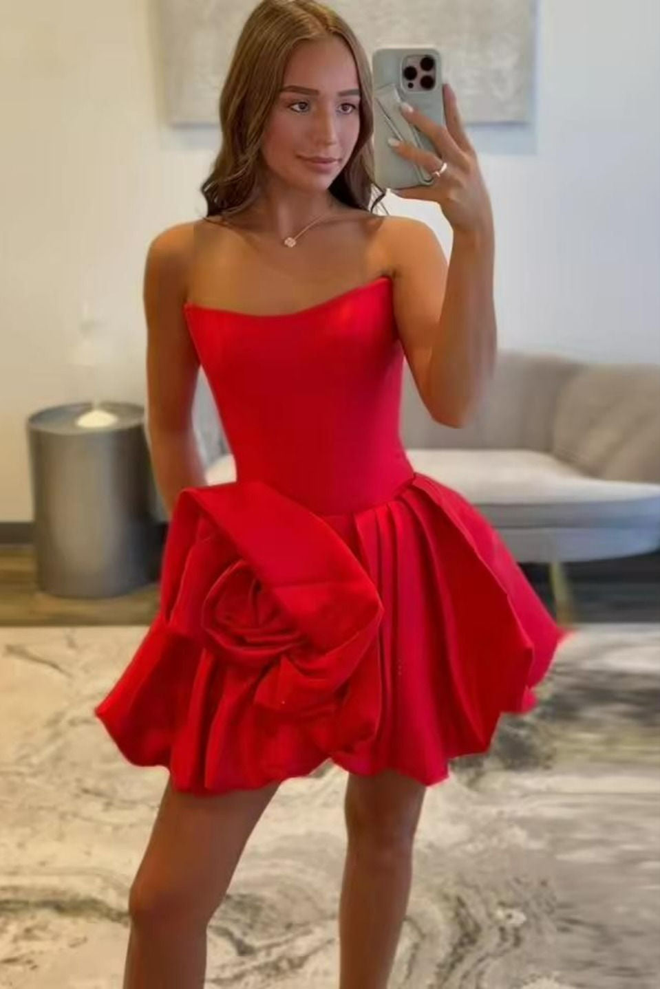 Strapless Red Mini Homecoming Dress Satin with 3D Flower