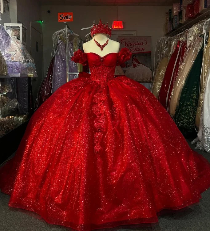Glitter Red Quinceanera Dresses Off Shoulder XV Sweet 15 Party Gowns