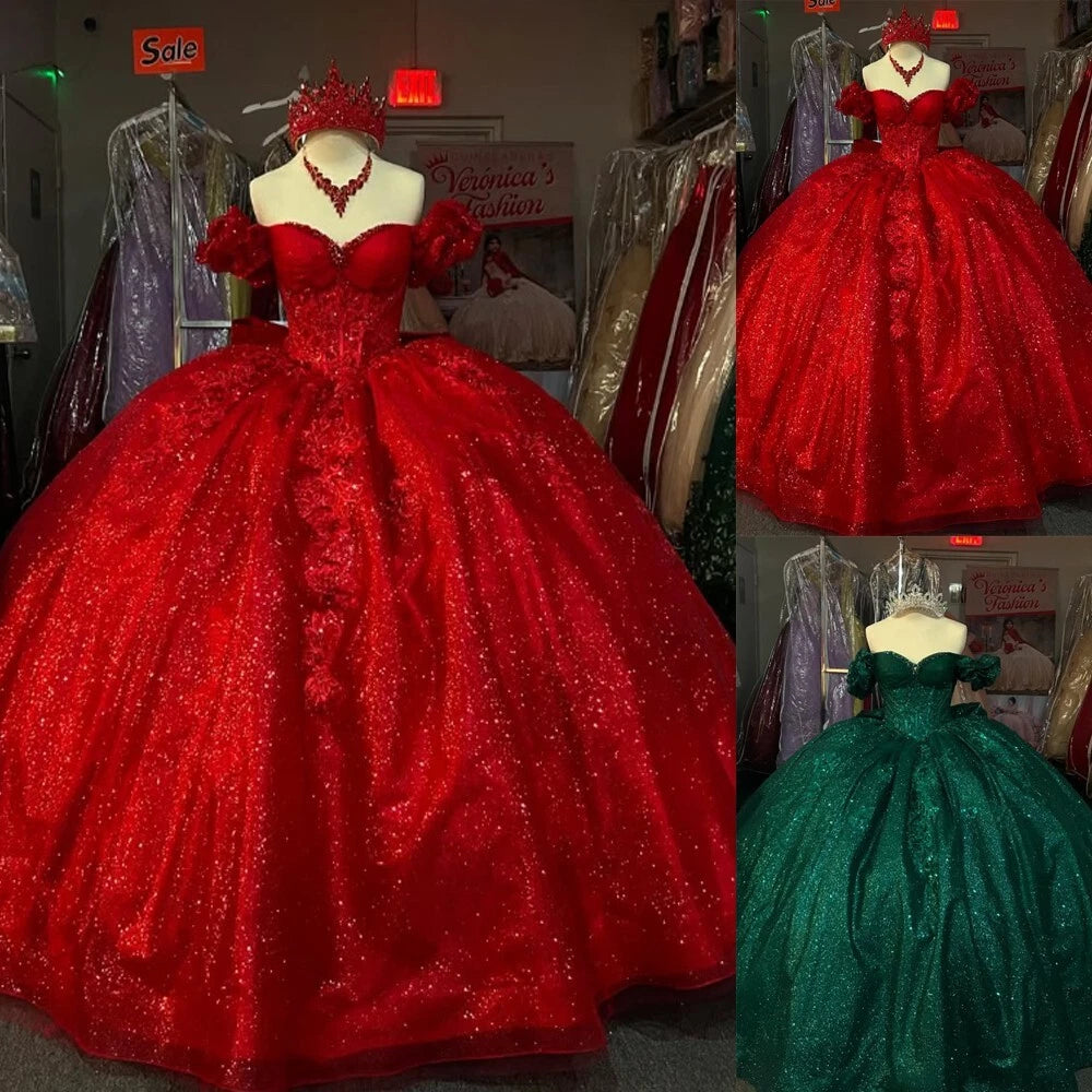Glitter Quinceanera Dresses Off Shoulder XV Sweet 15 Party Gowns