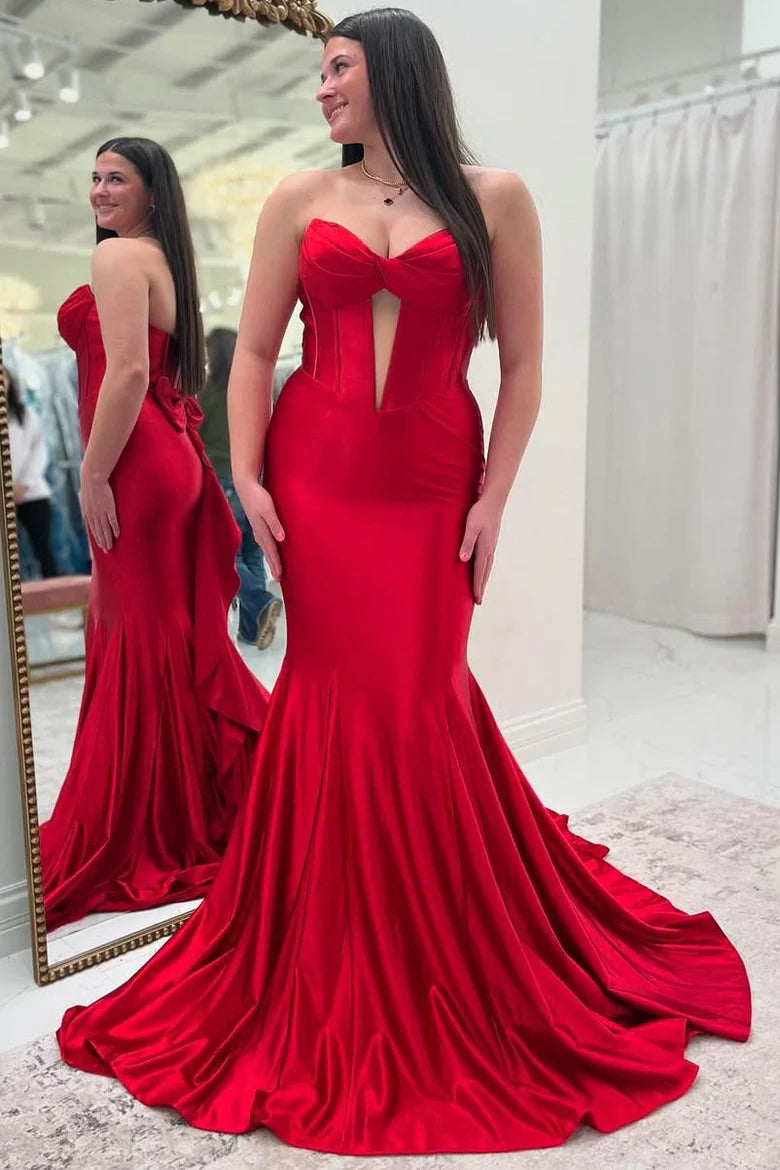 Red Strapless Senior Prom Dress with Bow Satin Pleated Evening Dress