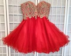 Vestidos de fiesta rojos baratos con apliques dorados y escote corazón para quinceañera