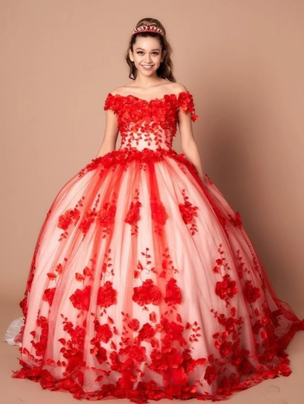 Vestidos de quinceañera con encaje rojo y flores 3D hechos a medida 2025 con hombros descubiertos