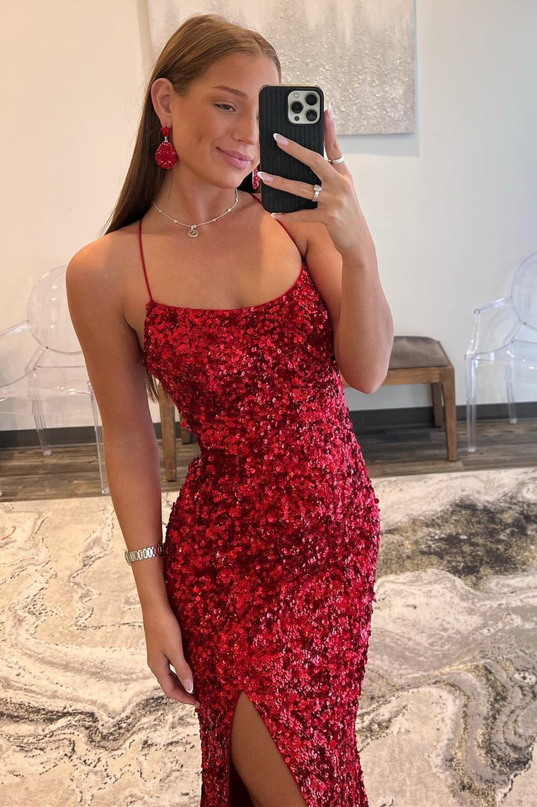 Long Mermaid Navy Blue Sequin Prom Dresses Straps Lace-Up - MyChicDress