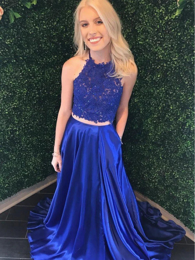 Royal Blue 2 Piece Prom Dress A Line Lace Beaded with Pocket Mychicdress