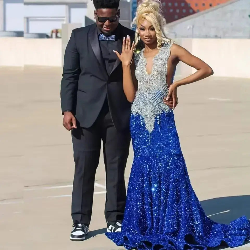 Luxury Sparkly Prom Dresses Royal Blue Sequin Mermaid for Black Girl