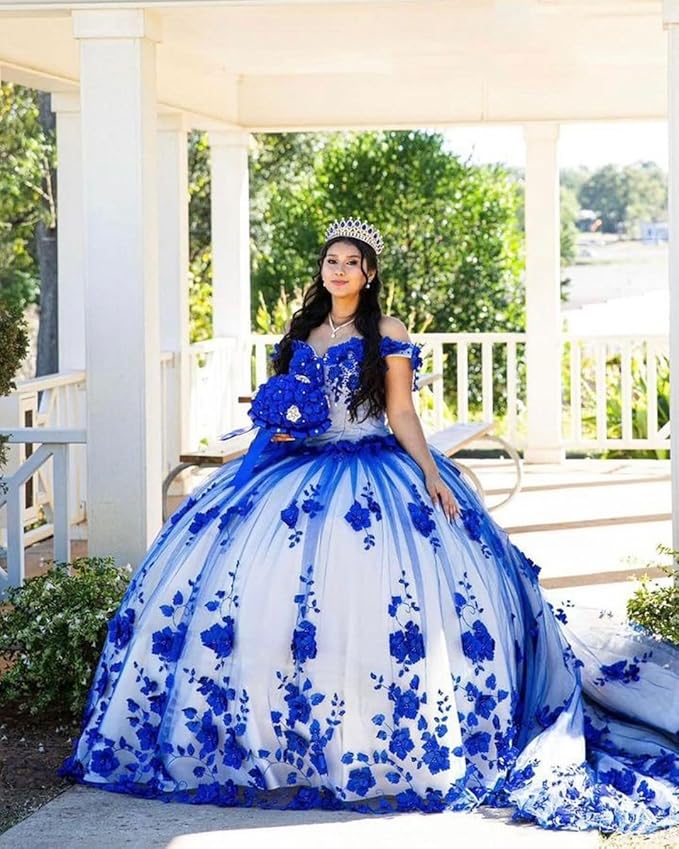Vestidos de quinceañera azul real, vestido de princesa con cuentas y perlas, dulce 15, flores en 3D