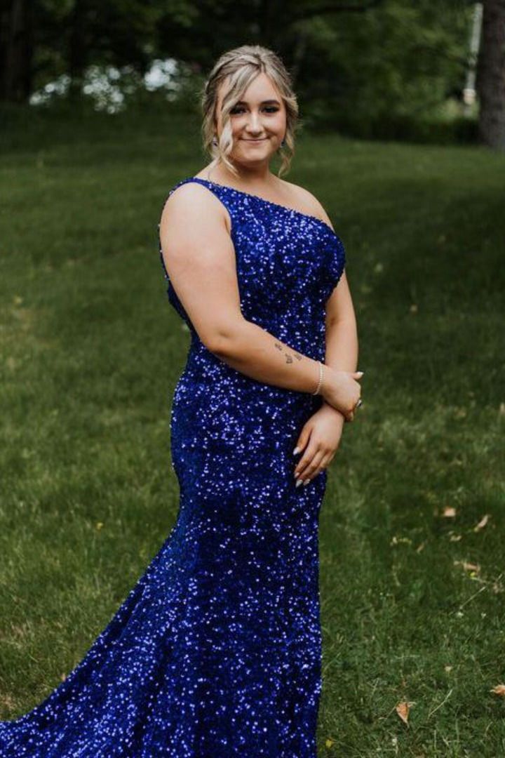 Sparkly Mermaid One Shoulder Sequin royal blue Prom Dresses