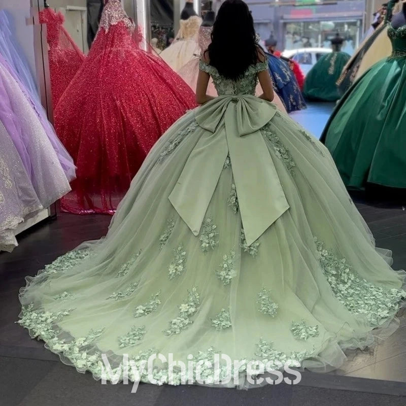 Sage Green Floral Lace Sweet 16 Birthday Party Quince Dresses Mychicdress