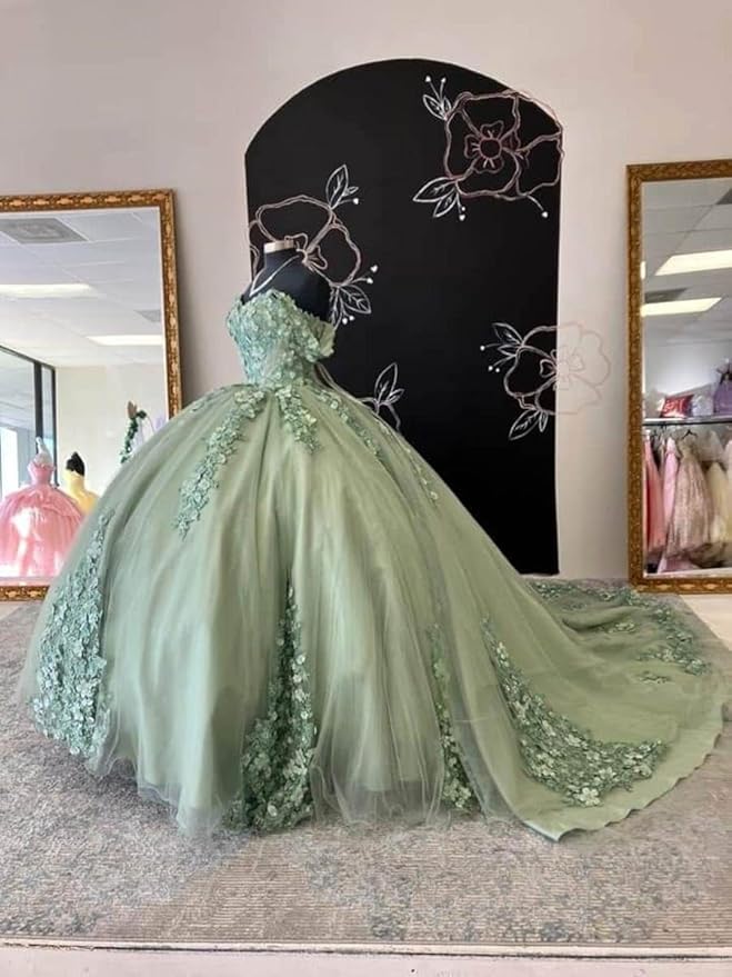 3D Flower Sage Green Quince Dresses Off Shoulder Sweet 15 Birthday Party MyChicDress