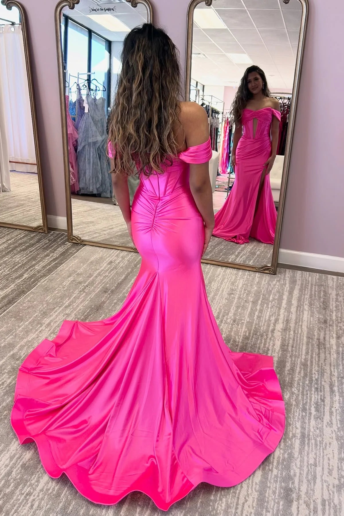 Satin Hot Pink Evening Dress Off-the-shoulder Ruched with Keyhole Mychicdress