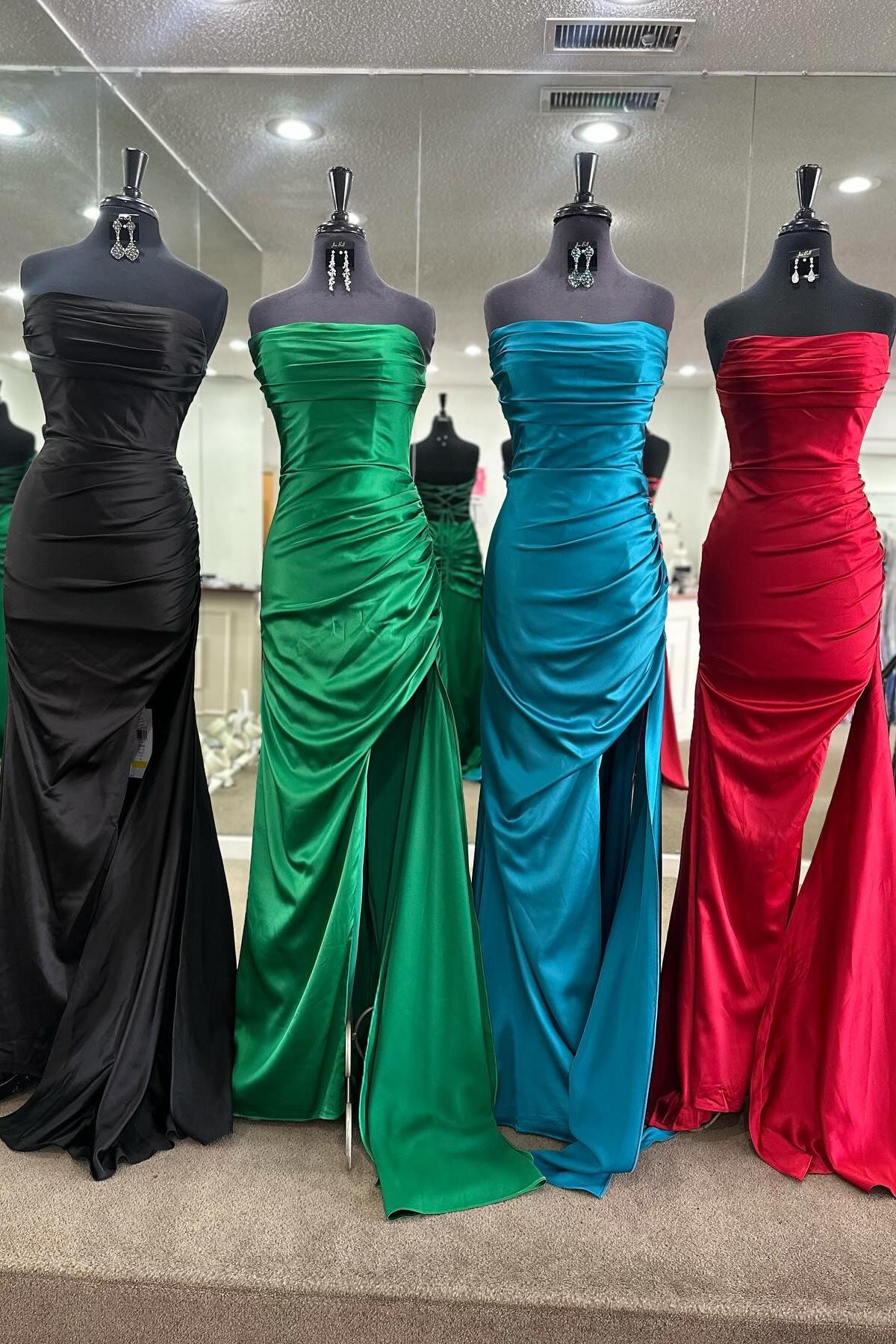 Satin Mermaid Ruched Pleated Red Senior Prom Dress With Slit Strapless