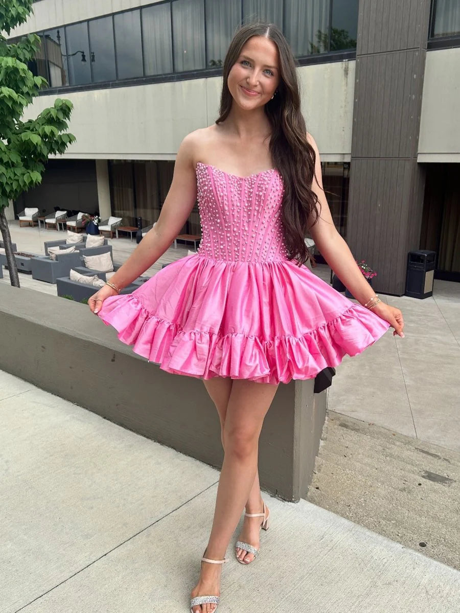 Unique Satin Pink Homecoming Dresses With Pearls Strapless Hoco Dress