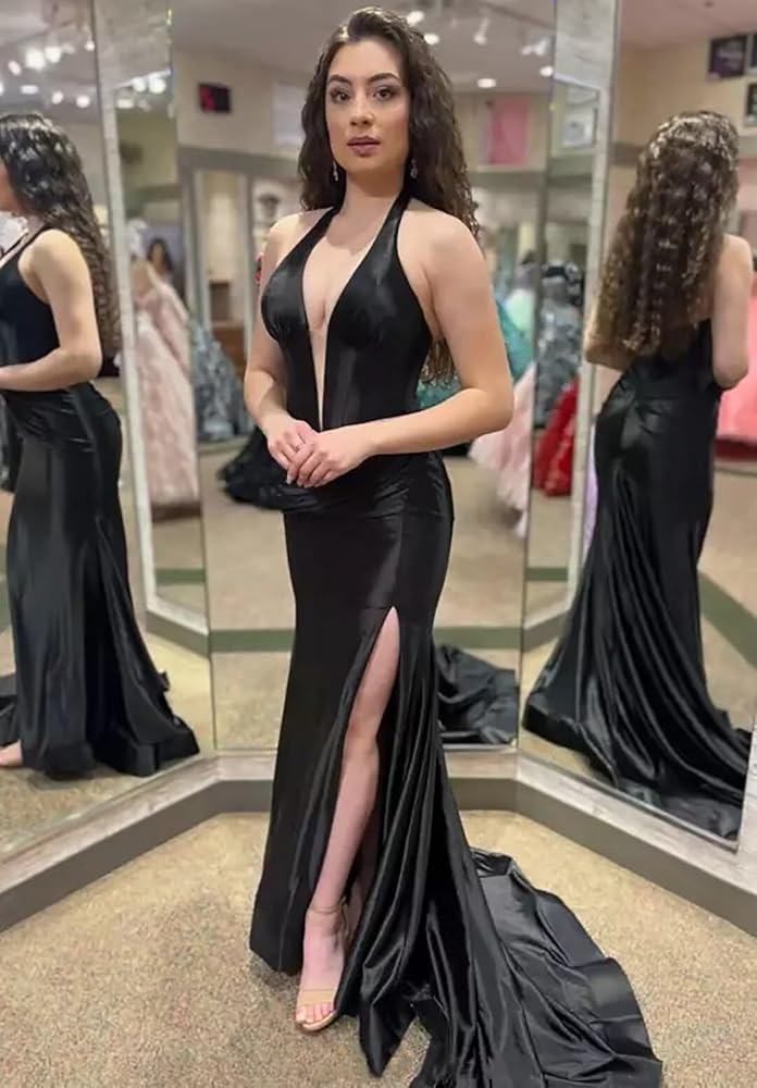 Vestido de fiesta de satén verde salvia con escote halter y corte sirena para invitada de boda